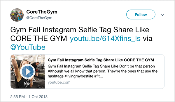 This is a screenshot of a tweet from @CoreTheGym. The tweet says “Gym Fail INstagram Selfie Tag Share Like CORE THE GYM” and links to a YouTube video. The video description is “Don’t be like that person. Although we all know that person. They’re the ones that use the hashtags #livingmybestlife”. The link for the video is youtu.be/614Xfins_ls.