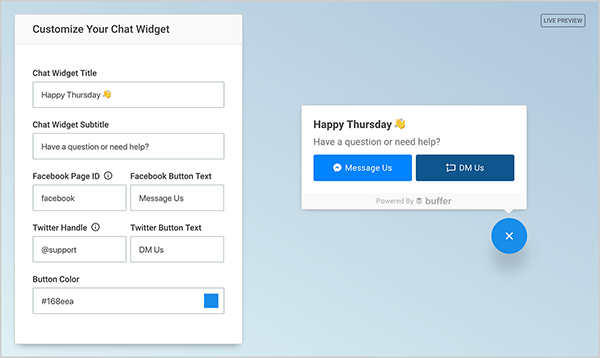 This is a screenshot of the Buffer SocialChat plugin preview available on its website. On the left is a form for customizing the chat widget. You can customize the title and subtitle, enter a Facebook page ID and button text, enter a Twitter handle and button text, and choose a button color. On the right, you see the how the selections in the form appear in the widget on a website.