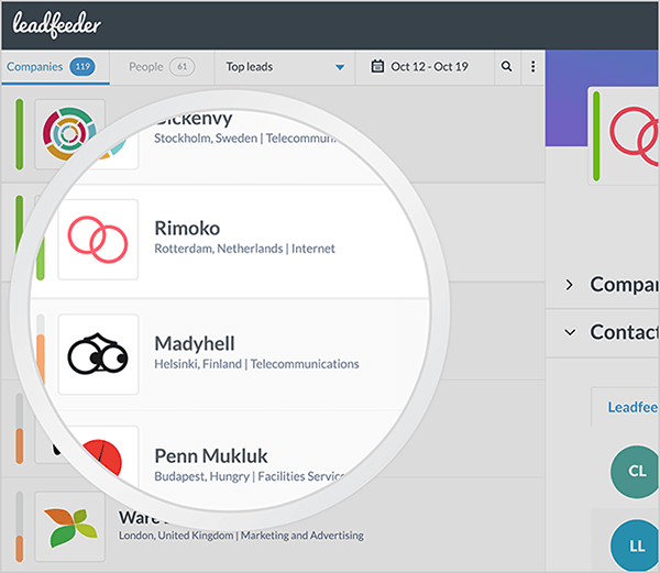 This is a screenshot of a marketing image for the Leadfeeder software. The image shows the left side of the Leadfeeder interface. Along the top are the following options: Companies, People, Top leads, and a date. Below this header is the list of companies. Each compay’s logo appears to the left of the company name. Below each company name is the company’s city, country, and industry.