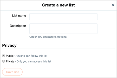 This is a screenshot of the Create a New List dialog box in Twitter. At the top are two text boxes for filling in a List Name and Description. In the Privacy area are two radio buttons: Public and Private. A Save List button appears below the privacy options.