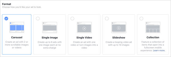 Format options for Facebook ads