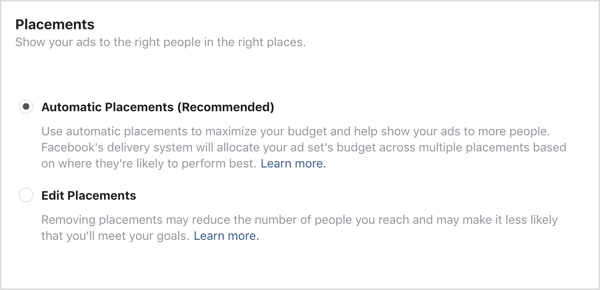 Automatic Placements option selected for Facebook campaign
