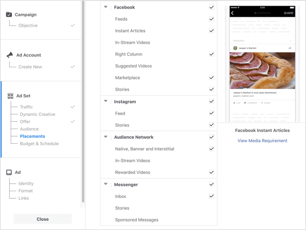 list of placement options for Facebook ad campaign