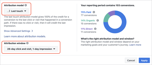 Select your attribution model and attribution window.