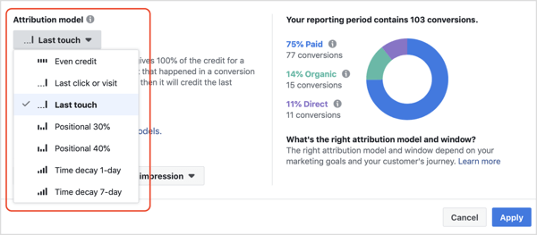 Attribution Model drop-down list in Facebook Attribution tool