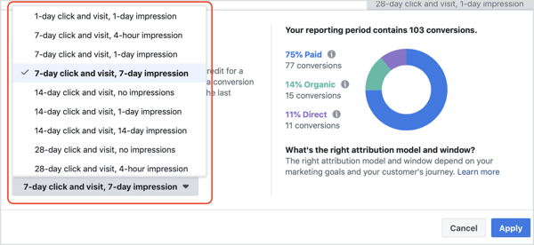 Attribution Window drop-down list in Facebook Attribution tool