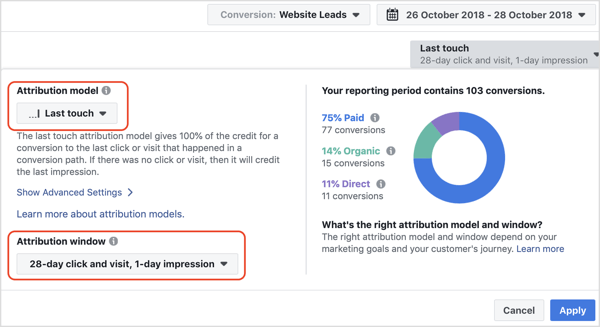 Select the default reporting window of 28-Day Click and Visit, 1-Day Impression.