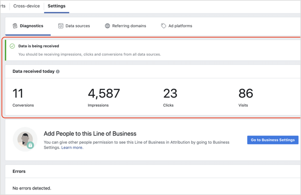 Check that you're receiving data in the Facebook Attribution tool.