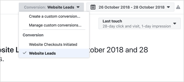Choose the conversion event you want to analyze with the Facebook Attribution tool.