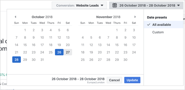 Choose the date range you want to view with the Facebook Attribution tool.