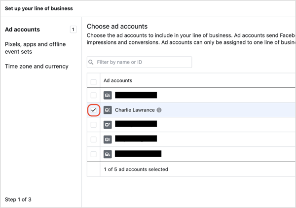 Select your ad account from the list of ad accounts you have access to. 