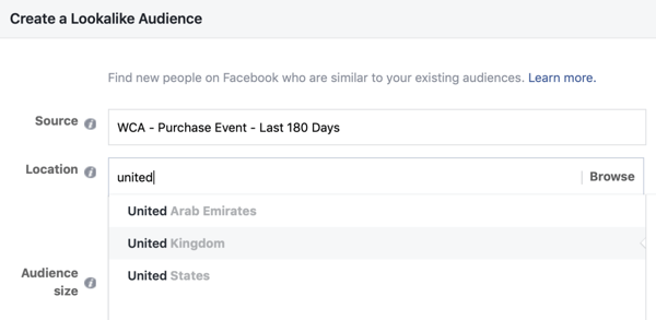 Settings to create your Facebook Lookalike audience from your custom audience.