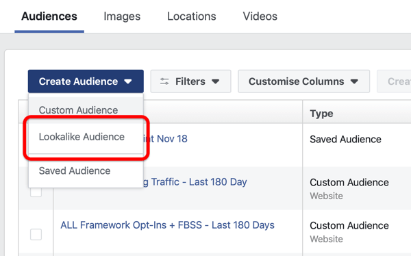 Option to create a Facebook Lookalike Audience under Create Audience in Facebook Ads Manager.