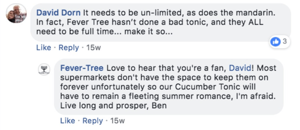 Example of a Fever-Tree responding to a comment on a Facebook post.