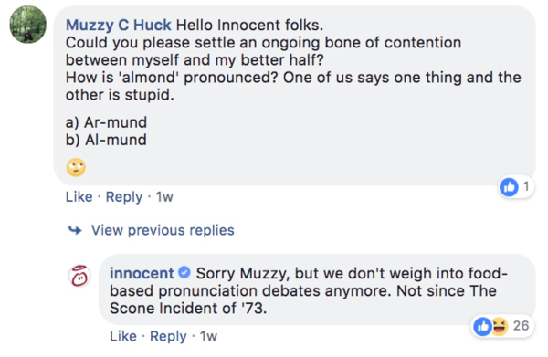 Example of Innocent responding to a comment question on a Facebook post.