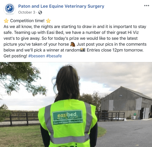 Example of Facebook post with a contest from Paton and Lee Equine Veterinary Surger.