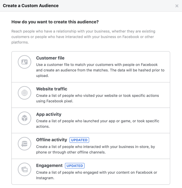 Options for How Do You Want to Create this Audience for your Facebook custom audience.