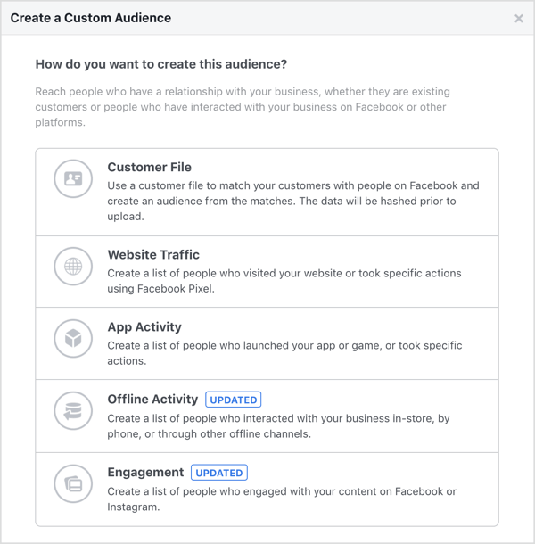 Optionen zum Erstellen einer benutzerdefinierten Facebook-Zielgruppe