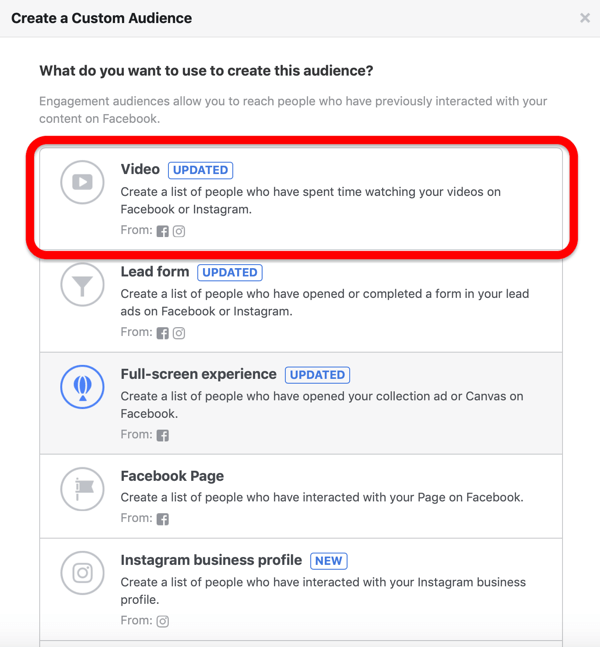 Option to create a Facebook custom audience of people who watch a video on Facebook or Instagram.
