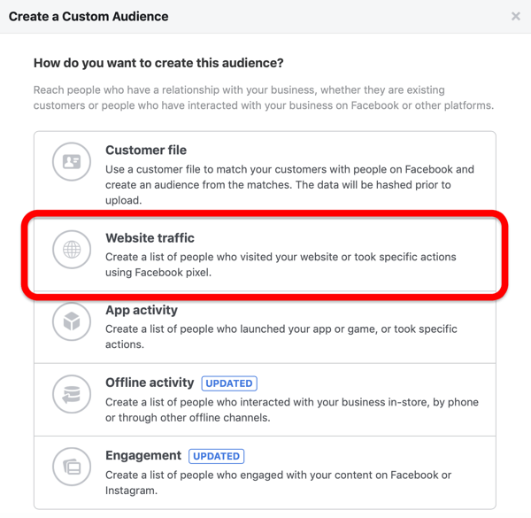 Option to create a Facebook custom audience of website traffic.