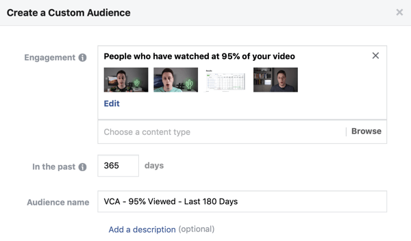 Setting options to create a Facebook custom audience of people who watch a video on Facebook or Instagram.