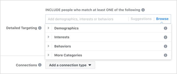 Browse the Detailed Targeting options for Facebook ads.