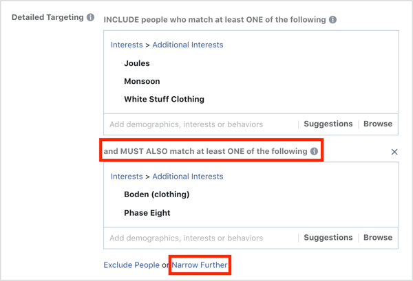 Use the Narrow Further option with Facebook detailed targeting