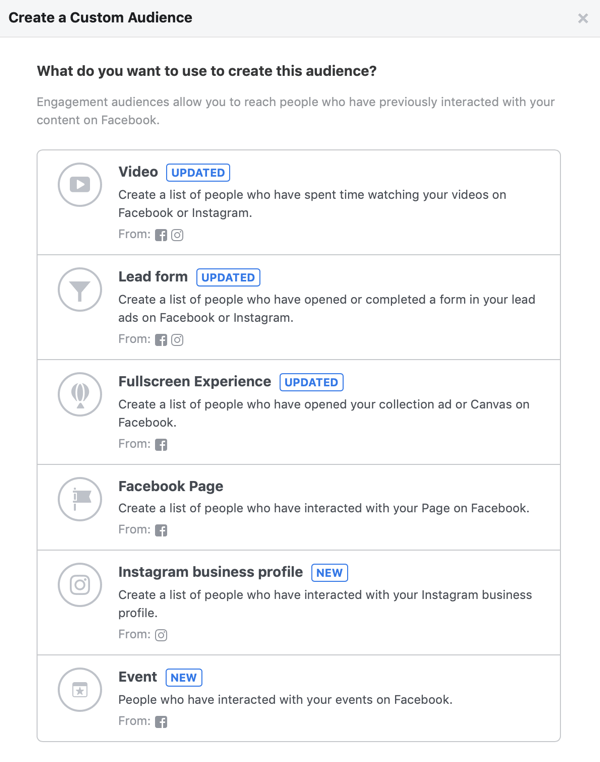 Options for What Do You Want to Use to Create this Audience for your Facebook custom audience.