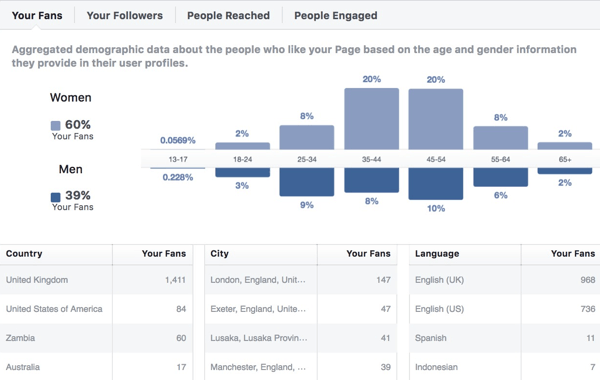 Dữ liệu nhân khẩu học đối tượng của Facebook Insights.