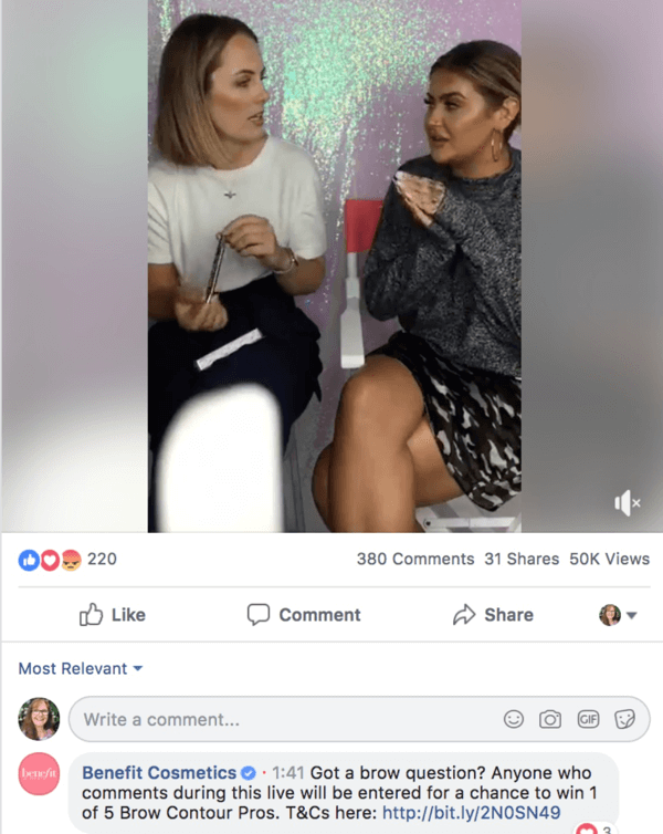 Example of a Facebook Live from Benefit Cosmetics, with a contest in the comments.