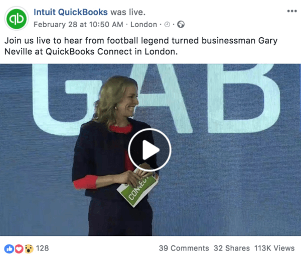 Example of a Facebook post announcing an upcoming Live video from Intuit Quickooks.