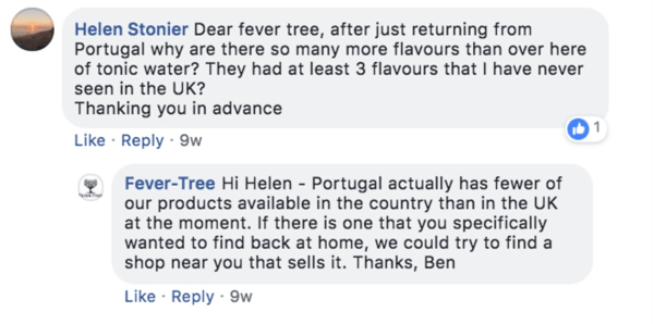 Ví dụ về Fever-Tree trả lời câu hỏi của khách hàng trên bài đăng trên Facebook.