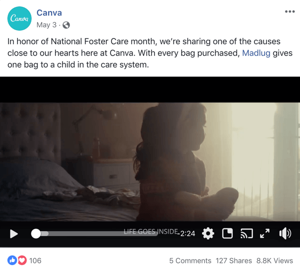 Ví dụ về bài đăng trên Facebook với một tổ chức phi lợi nhuận hét lên từ Canva.