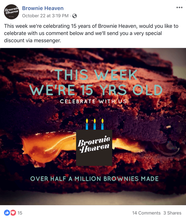 Example of Facebook post with an offer from Brownie Heaven.