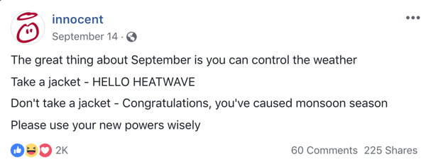 Ví dụ về một bài đăng thú vị trên Facebook từ Innocent.