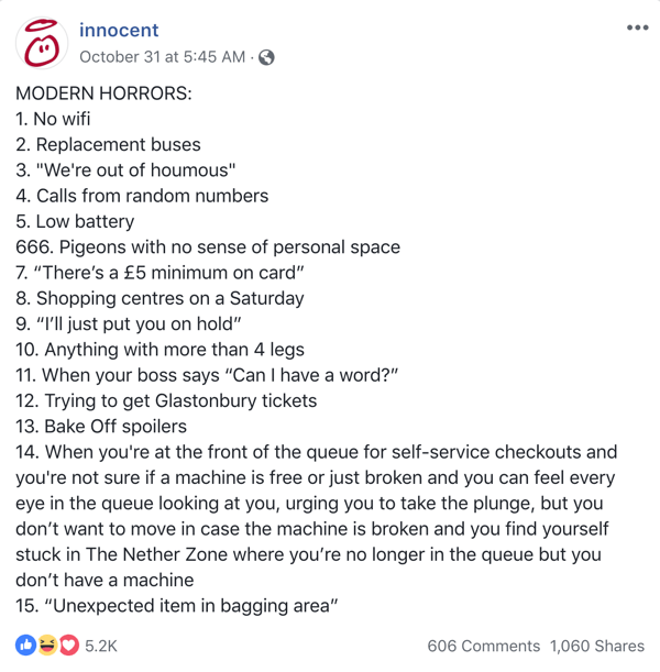 Example of a funny Facebook post from Innocent.