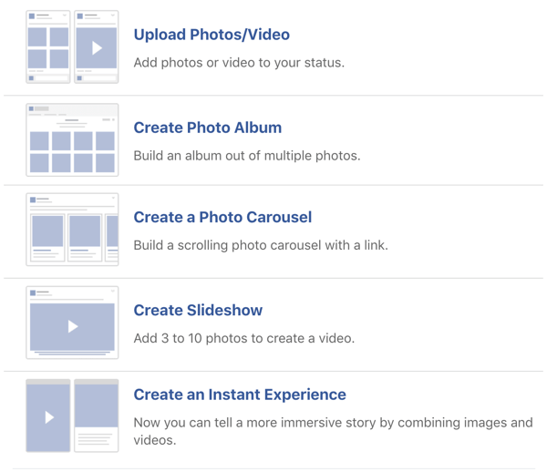 Example of Facebook image and video post options.