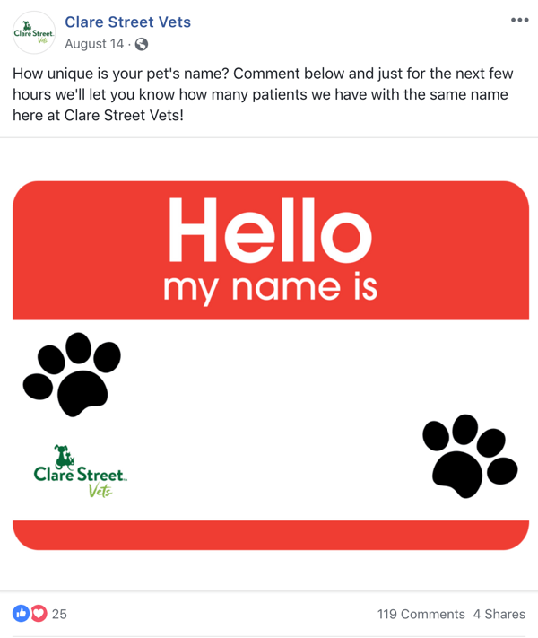 Example of Facebook post with a question from Clare Street Vets.