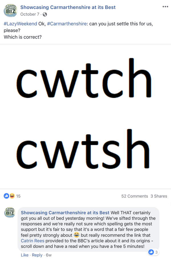 Example of Facebook post with a question from Showcasing Carmarthenshire at its Best.