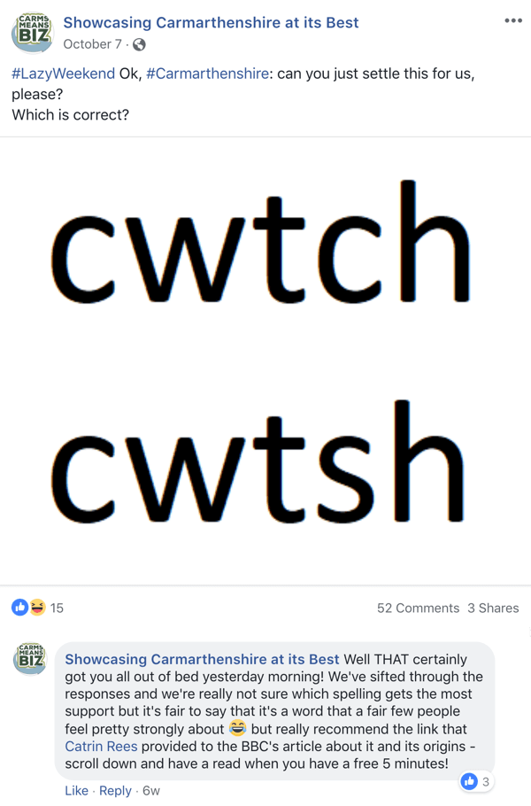 Ví dụ về bài đăng trên Facebook với câu hỏi từ trưng bày Carmarthenshire ở mức Tốt nhất của nó.