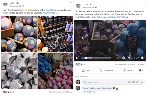 Hai ví dụ về bài đăng trên Facebook từ Lush UK;  một với nhiều hình ảnh và một hình ảnh với một hình ảnh duy nhất.