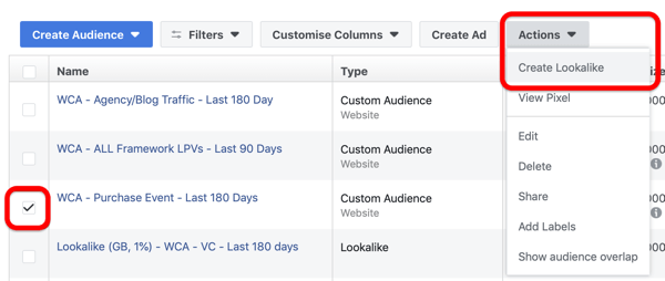 Option to create a Lookalike audience on your Facebook Audiences dashboard.