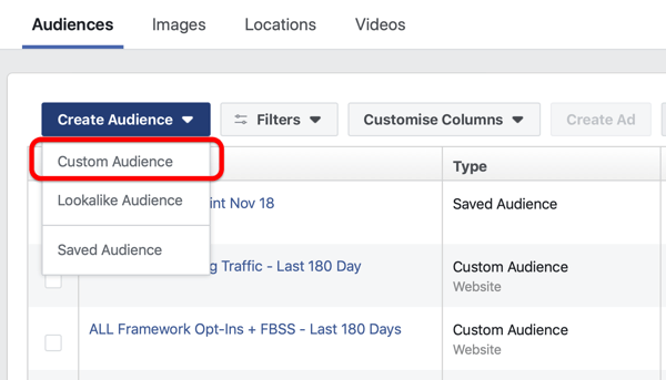 Option to create a Facebook Lookalike Audience under Create Audience in Facebook Ads Manager.