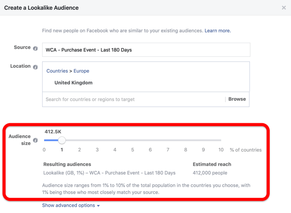 Audience size option when creating your Facebook Lookalike audience from your custom audience.