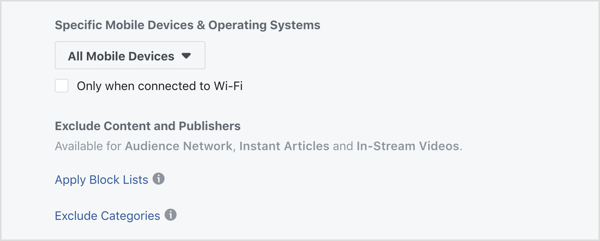 Option in Mobile Devices & Operating Systems section of Facebook campaign