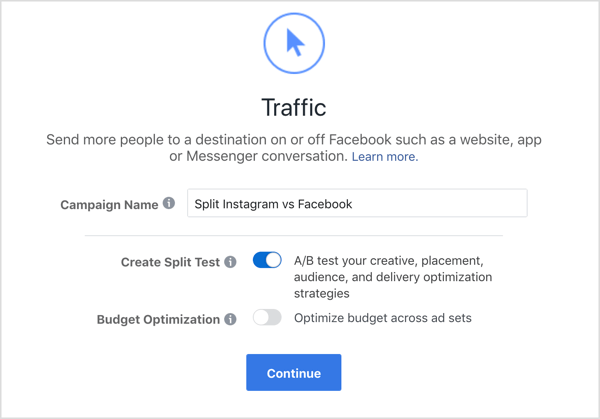 Add campaign name and select Create Split Test option for Facebook Traffic campaign