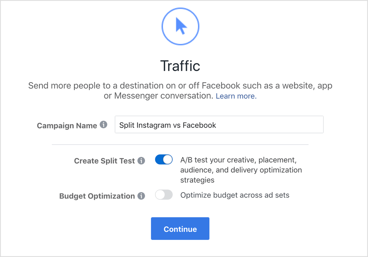 add campaign name and select create split test option for facebook traffic campaign - the ideal metrics for analysing your campaigns on instagram