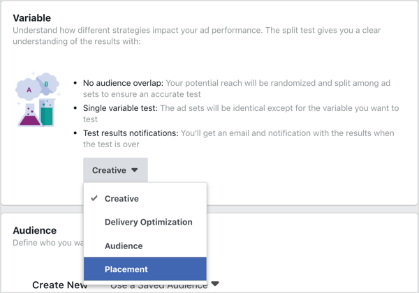 Select Placement as the variable to test with Facebook split test