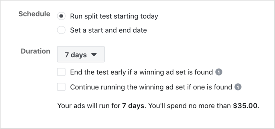 Select Run Split Test Starting Today option for Facebook split test.