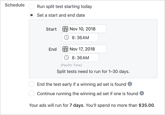 Wählen Sie die Option Start- und Enddatum festlegen für den Facebook-Split-Test.